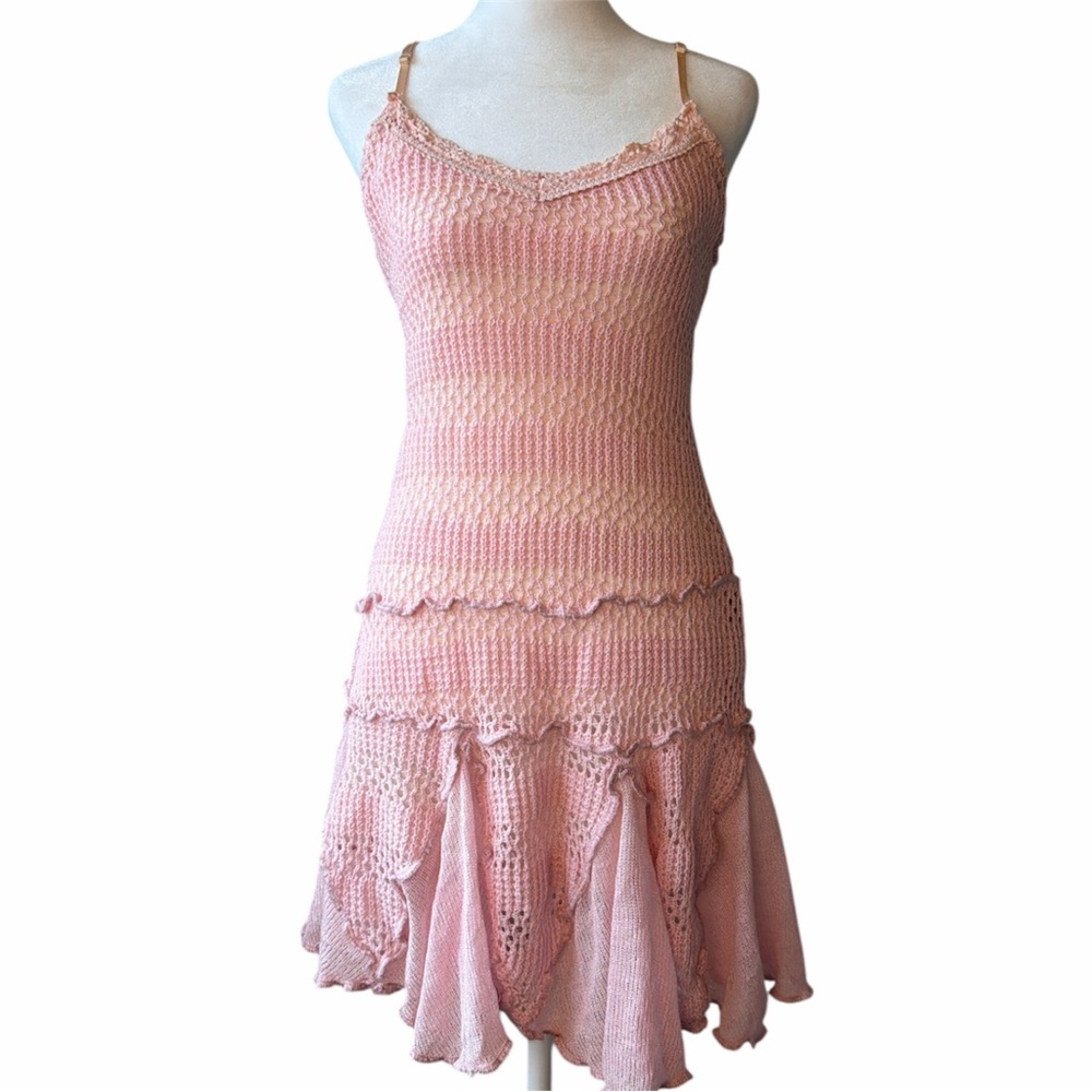 Zone Bleue Baby Pink Knit Fairycore Asymmetrical Sleeveless Dress with Bow